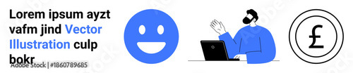 Business services, digital communication, financial transactions, customer interaction, online platforms, monetary concepts. A man waving at a laptop with a happy face and pound symbol. Business
