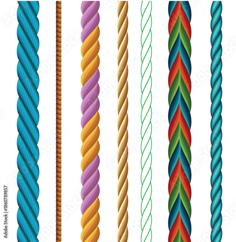 Collection of Colorful Twisted Rope and Cable Textures, ranging from simple white outlines to thick, multicolored braided textures and blue metallic cables