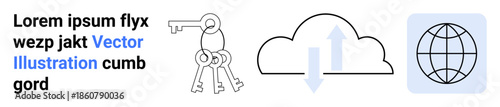 Online data security, file sharing, connectivity, technology integration, cloud services, digital access. Keys, cloud upload and globe illustration. Online data security and file sharing concept