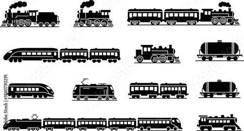 Black Train and Locomotive Vector Silhouettes Collection, Steam Engine, Freight, Passenger, and High-Speed Rail Graphic Set for Transportation and Railway Design.