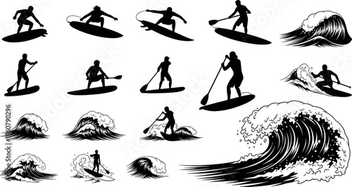Black Surfer and Paddle Boarder Vector Silhouettes, Ocean Wave Graphic Collection for Extreme Water Sports, Summer Beach Vacation, and Marine Adventure Design.
