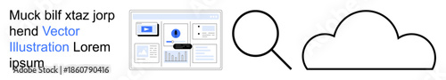 Cloud computing, data analysis, technology tools, online storage, digital networking, information access. Minimalist icons of a cloud, magnifying glass and interface panel. Cloud computing and data