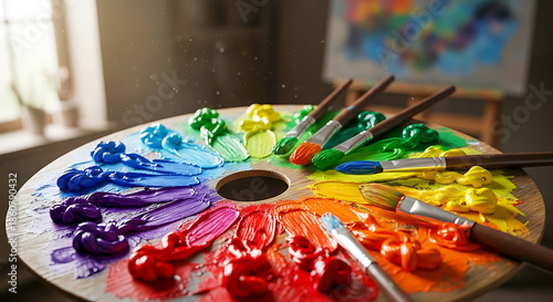 Vibrant Art Palette with Brushes and Splashes of Paint
