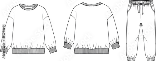Technical Fashion Flat Sketch of Women's Oversized Sweatshirt and Jogger Pants Matching Set with Ribbed Cuffs, Shirred Sleeves, and Drawstring Waist Vector.