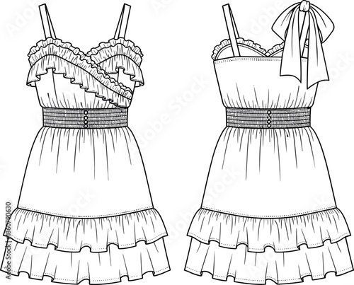 Technical Fashion Flat Sketch of Women's Mini Dress with Ruffle Trim, Sweetheart V-Neckline, Smocked Waist Panel, and Adjustable Straps Vector.