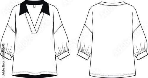 Technical Fashion Flat Sketch of Women's Relaxed Fit Blouse with Pointed Contrast Collar, V-Neck Placket, and Three-Quarter Length Puffed Sleeves Vector.