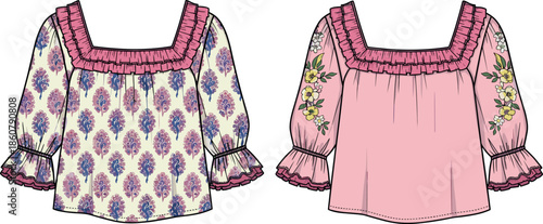 Technical flat sketch (front and back view) of a chic mini dress with embroidered Peter Pan collar, button front, gathered waist, and tiered ruffled skirt, vector template for feminine apparel design.