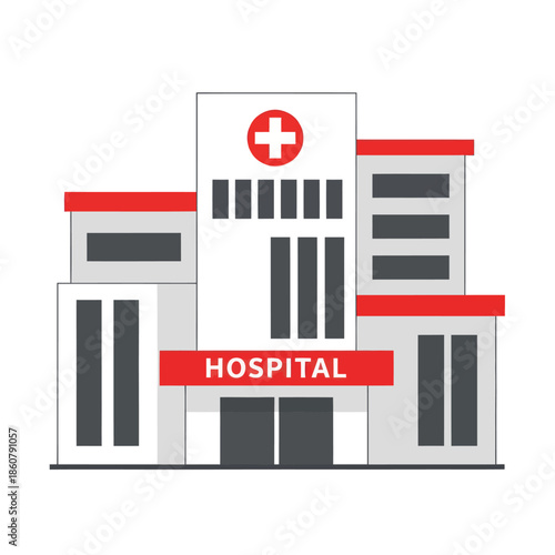 Hospital Building with Red Cross Sign.