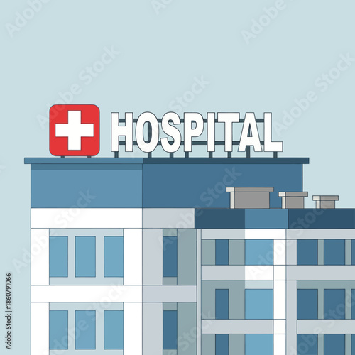 Hospital Building with Red Cross Sign.