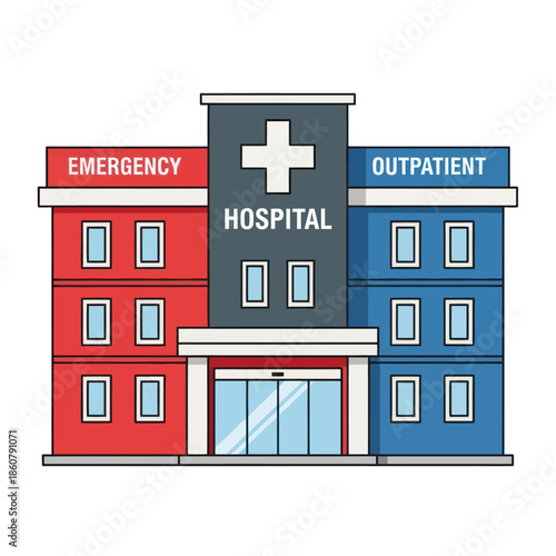 Hospital Building with Emergency Outpatient Signage.