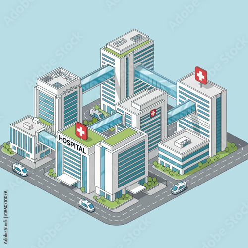Isometric Hospital Building with Medical Cross Symbol.