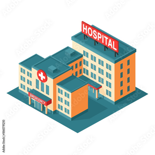 Isometric Hospital Building with Red Sign.