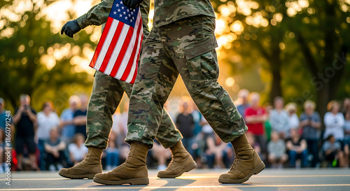 Soldiers Marching with American Flag in Parade