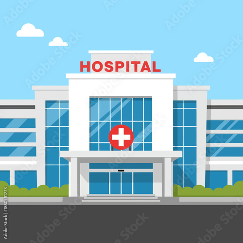 Hospital Building with Red Cross Sign.