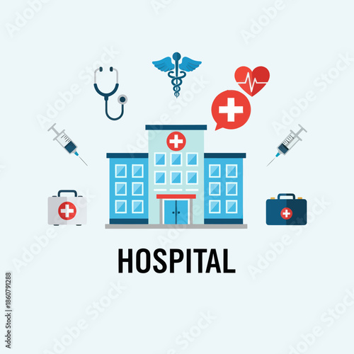 Hospital Building with Medical Icons and Symbols.