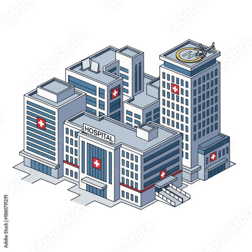 Isometric Hospital Building with Red Cross.