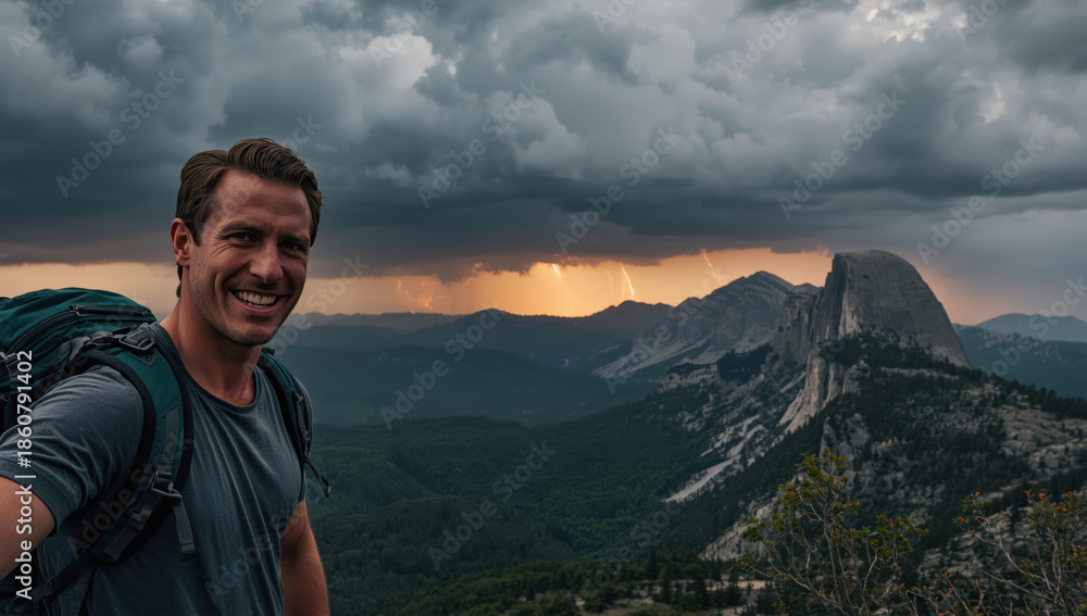 Naklejka premium Smiling hiker with backpack on mountain overlook at dramatic stormy sunset