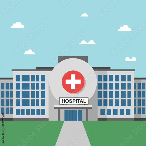 Hospital Building with Red Cross Signage.