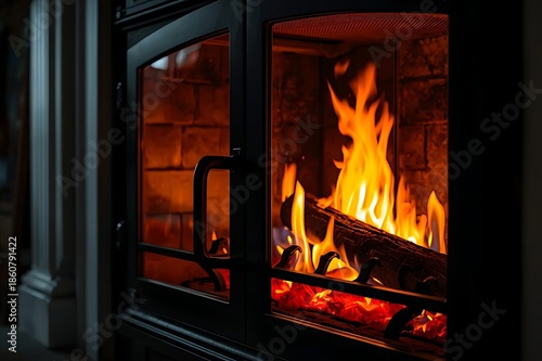 Cozy wooden logs burn brightly within a modern fireplace, casting a warm, inviting glow into a dimly lit room.