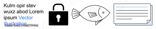 Cybersecurity, data protection, phishing awareness, online safety, secure login, identity theft prevention. Lock icon, fish symbol and document. Cybersecurity and data protection concept