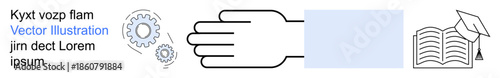 Education, learning, innovation, knowledge sharing, skill development, academic achievement. A hand next to a gear and an open book with a graduation cap. Education and learning concept