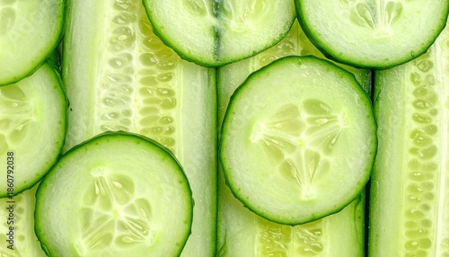 Close up view of fresh green cucumber slices arranged together showcasing vibrant color and intricate seed patterns for healthy eating and natural beauty concepts