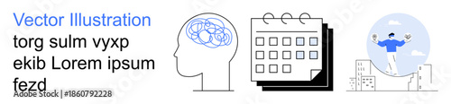 Mental health, productivity, planning, scheduling, achievement, business success. Brain and tangled lines, calendar and a person balancing work-life. Mental health and productivity concepts