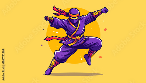 Dynamic Ninja Warrior in Mid-Air Attack Pose.