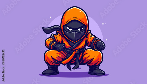 Cartoon Ninja in Orange Suit Ready to Strike.