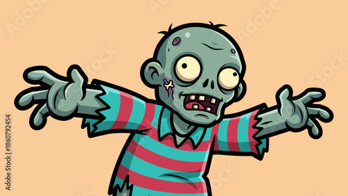 Cartoon Zombie with Arms Outstretched in a Striped Shirt.