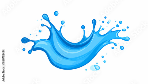 A vibrant blue water splash illustration with dynamic droplets and a wavy shape.