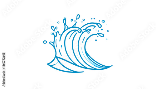 Stylized blue outline drawing of a dynamic ocean wave crashing with water splashes on a white background.