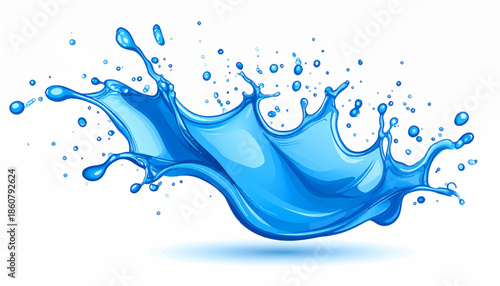 Dynamic blue water splash illustration with droplets and a wave-like form on a white background, symbolizing freshness and motion.