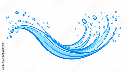 Stylized blue water splash with dynamic wave and droplets on a white background.