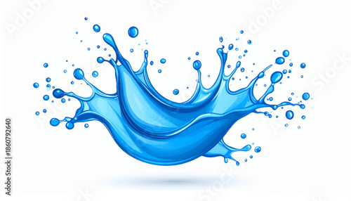 Dynamic blue water splash with droplets and ripples on a clean white background, creating a refreshing and energetic visual.