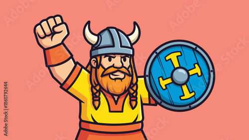 Cartoon Viking Warrior with Shield and Horned Helmet Raising Fist.