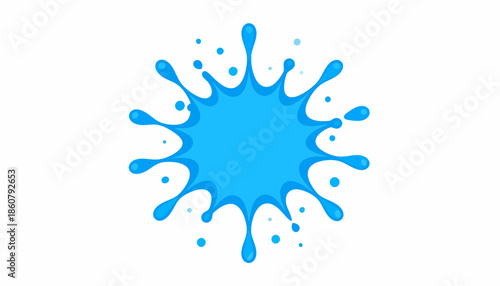 A vibrant blue liquid splash with droplets spreading outwards on a white background, creating a dynamic and energetic visual effect.