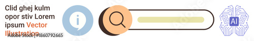 Artificial intelligence, information search, digital tools, machine learning, data analytics, online research. Search bar with AI icon and information symbol. Artificial intelligence and information