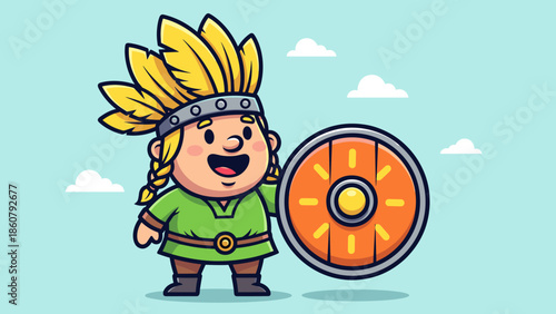 Cartoon Viking Warrior with Shield and Feathered Headdress Illustration.