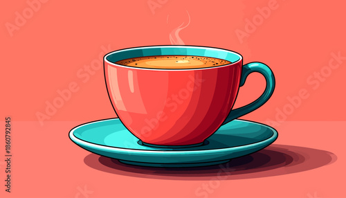 A steaming cup of coffee on a saucer.