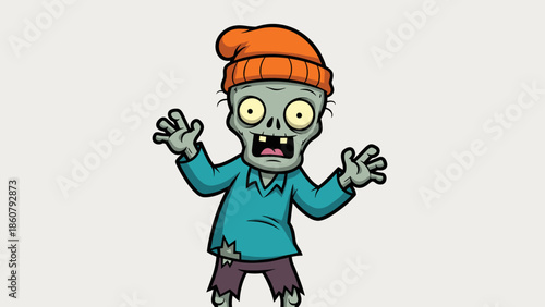 Cartoon Zombie Character with Orange Beanie and Tattered Clothes.