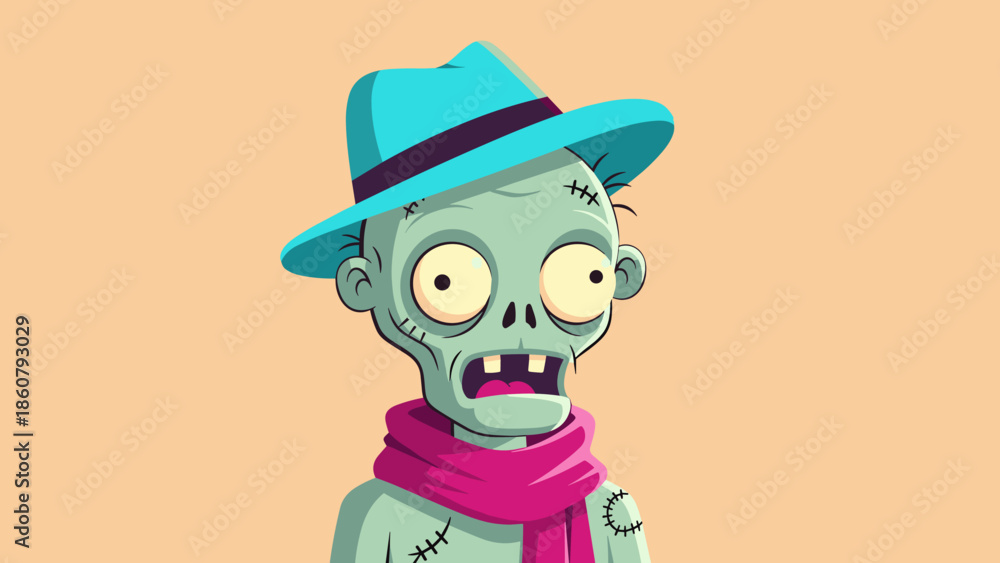 Fototapeta premium Cartoon Zombie Character with Hat and Scarf Illustration.