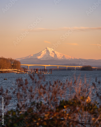 Mt Hood, Oregon, golden hour sunset view over Columbia River from Vancouver, Washington