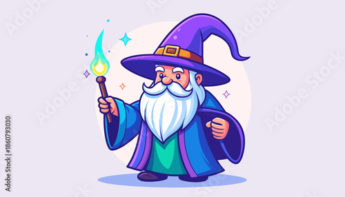Cartoon Wizard Casting Spell with Magic Wand Illustration.