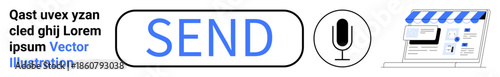Communication apps, online messaging, web interface design, customer services, email systems, digital media. Send button, microphone and web illustration. Communication apps and online messaging