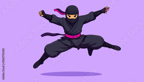 Cartoon Ninja Mid-Air Leap with Purple Accents on Lavender Background.