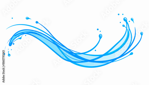 Dynamic blue water splash design element with flowing liquid curves and droplets, symbolizing freshness, purity, and motion, ideal for various graphic projects