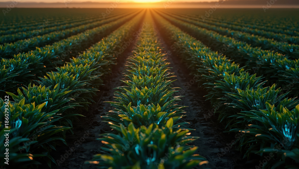 Fototapeta premium Sunrise field crop rows morning light glowing green plants