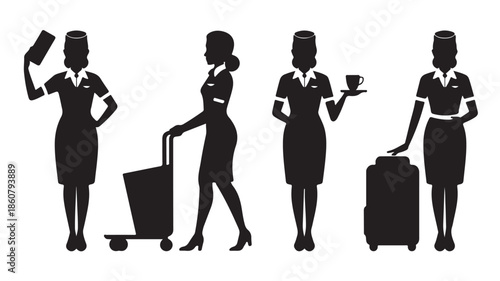 Female Flight Attendant Silhouettes in Professional Vector Style with Black Graphic on White Background for Aviation Industry Design.