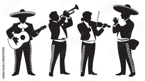 Mariachi Band Silhouettes Playing Traditional Mexican Music, Isolated Vector Illustration